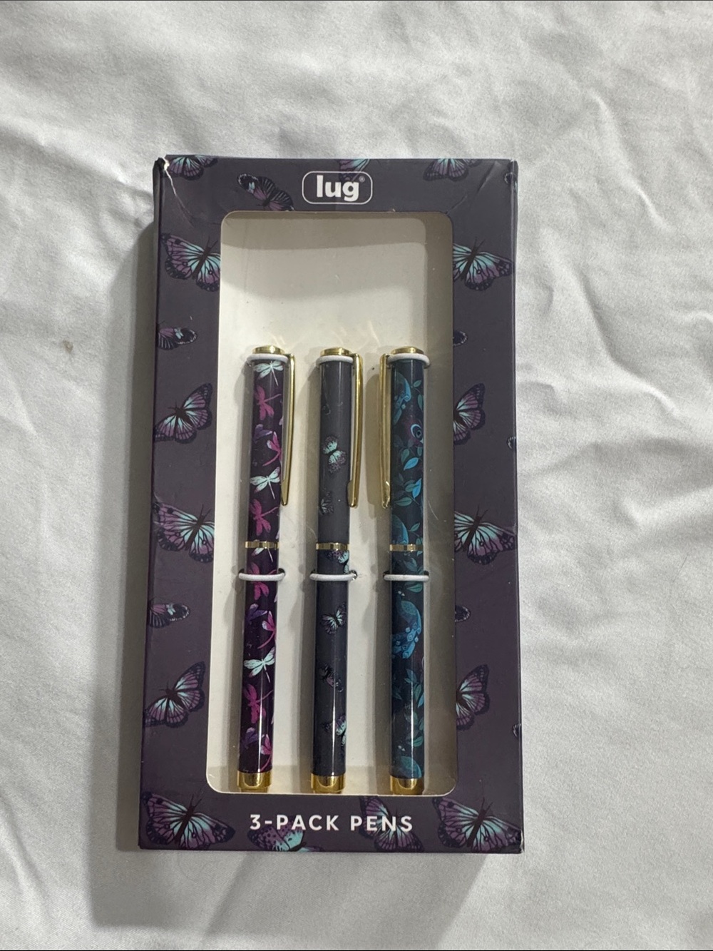 LUG  3-Pack Floral Butterfly Ballpoint Pens - Black, Purple, Teal Accents